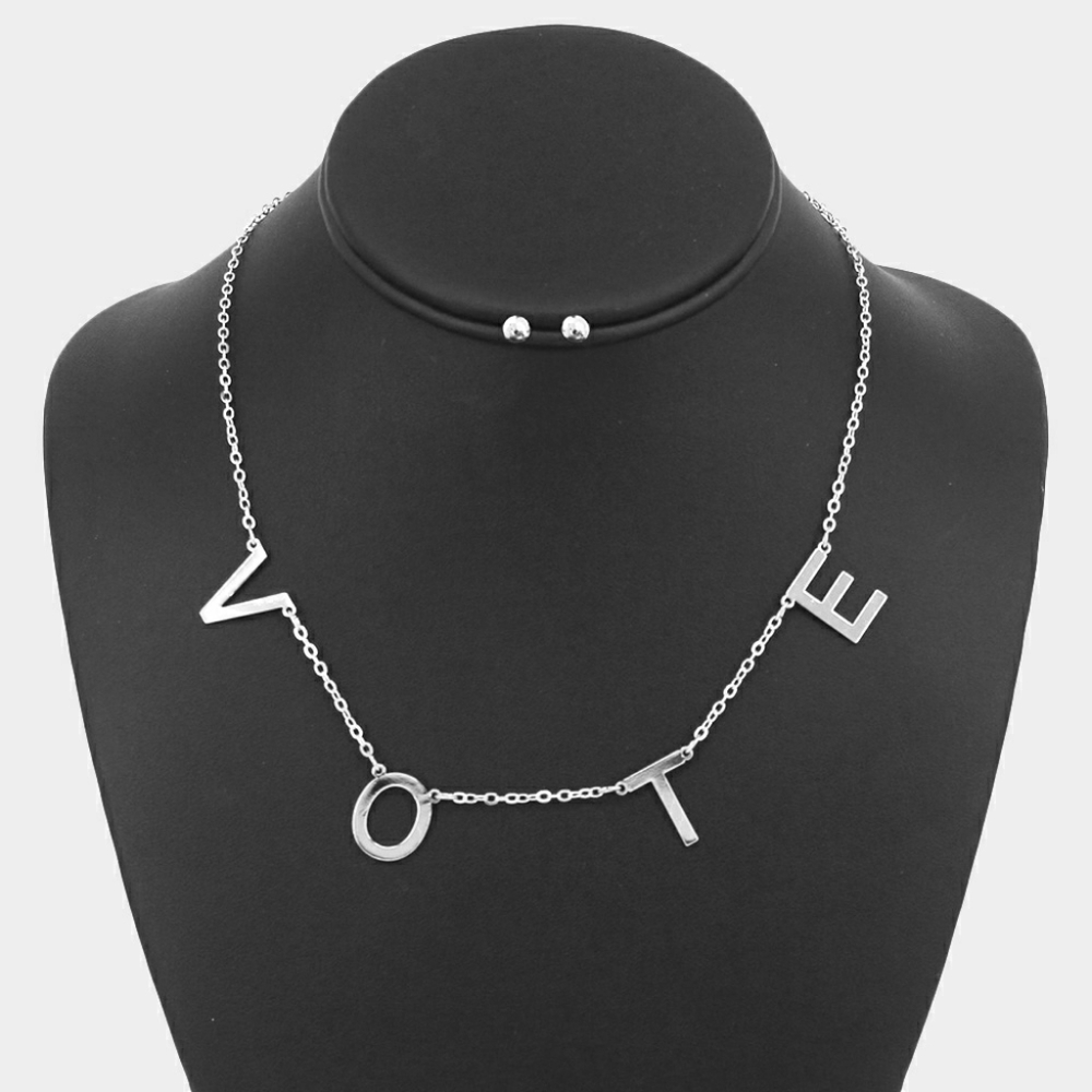Silver VOTE Word Simple Pendant Necklace Chain Set